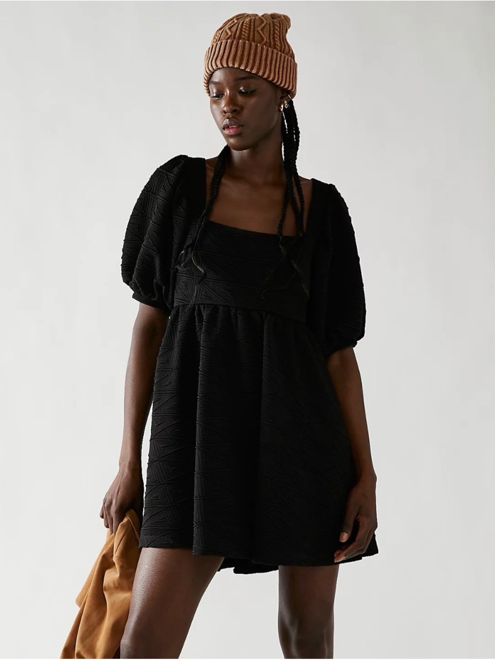 Free People Black Puff Sleeve Mini Dress Textured Square Neck Tie Back Small